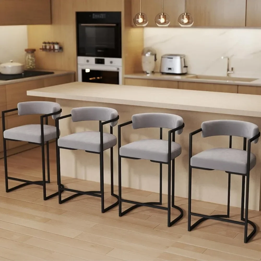 

26Inch Velvet Counter Height Bar Stools Set of 4, Modern Grey Barrel Counter Stools with Comfy Back, Upholstered High Dining