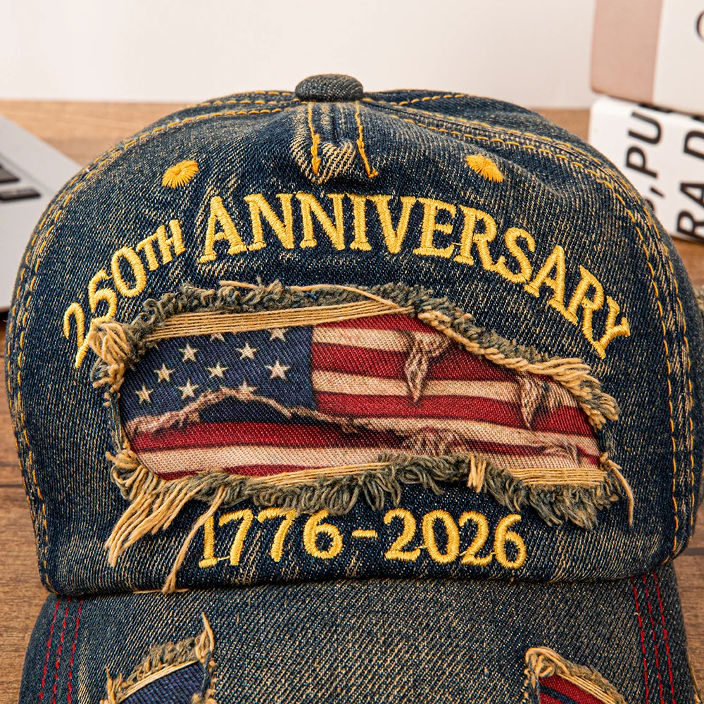 Vintage USA-Flagge 250. Jahrestag 1776-2026 Distressed Denim Baseballkappe Verstellbare Patriotische Vatertagsmütze für Männer und Frauen – Detail 7