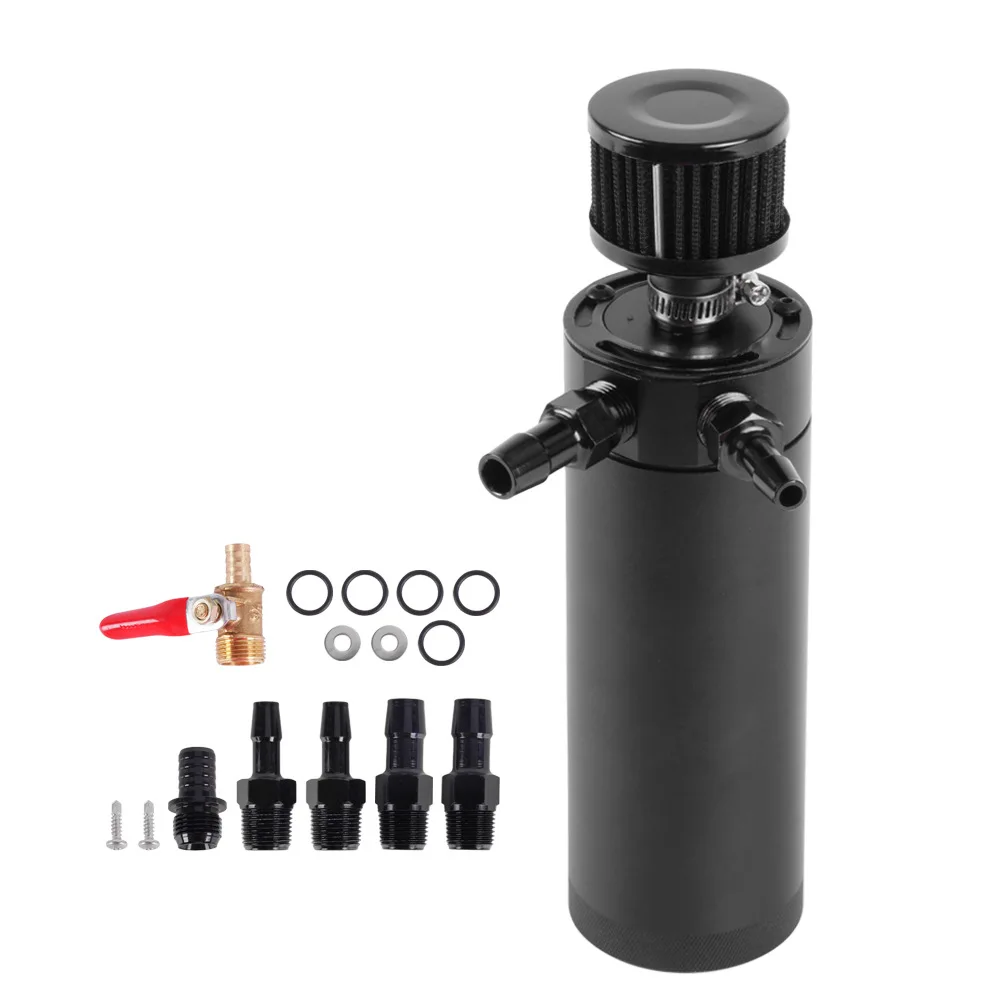 Black elongated two-hole oil venting pot for exhaust and waste oil recovery, with air filter and drain valve