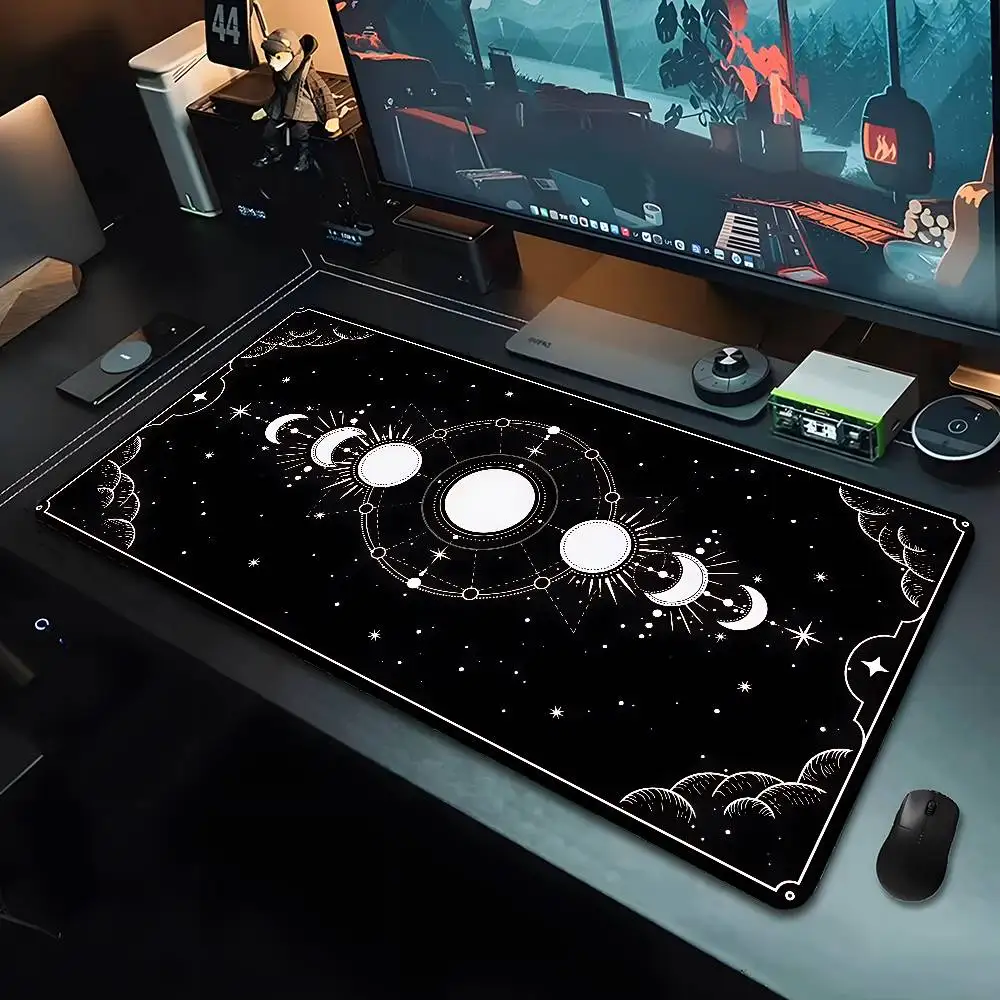 White & Black Deskmat Gaming Tarot Astrology Aesthetic Rubber Mousepad 120x60cm Cartoon Celestial Moon Phases Non-slip Mouse Pad