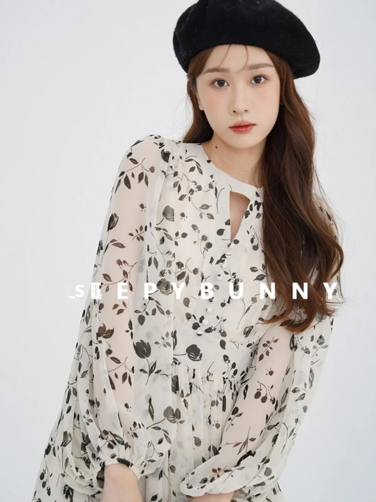 Floral Midi Dress Women Sweet A-Line Long Sleeve Hollow Out Dress Elegant High Waist Casual Long Dress Daily or Vacation Outfits