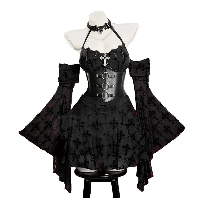 Ghost Vampire Cosplay Costume Women Sexy Bell Sleeve Waist Cincher Short Dress Suit Witch Dress Halloween Carnival Party Clothes
