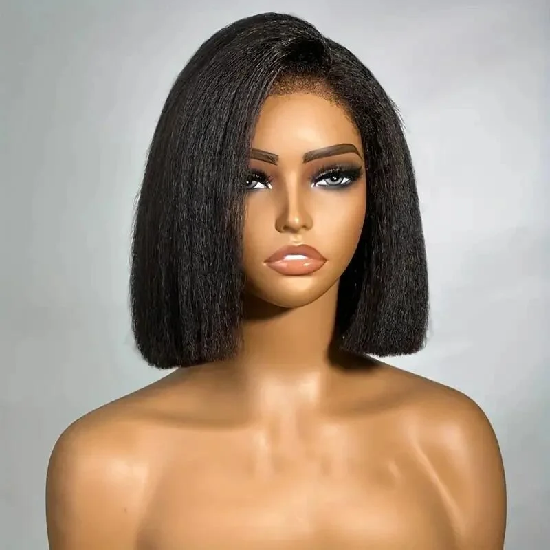 180Density Natural Black Yaki 20 Inch Lace Front Wig For Women Kinky Straight Babyhair Preplucked Heat Resistant Glueless Daily