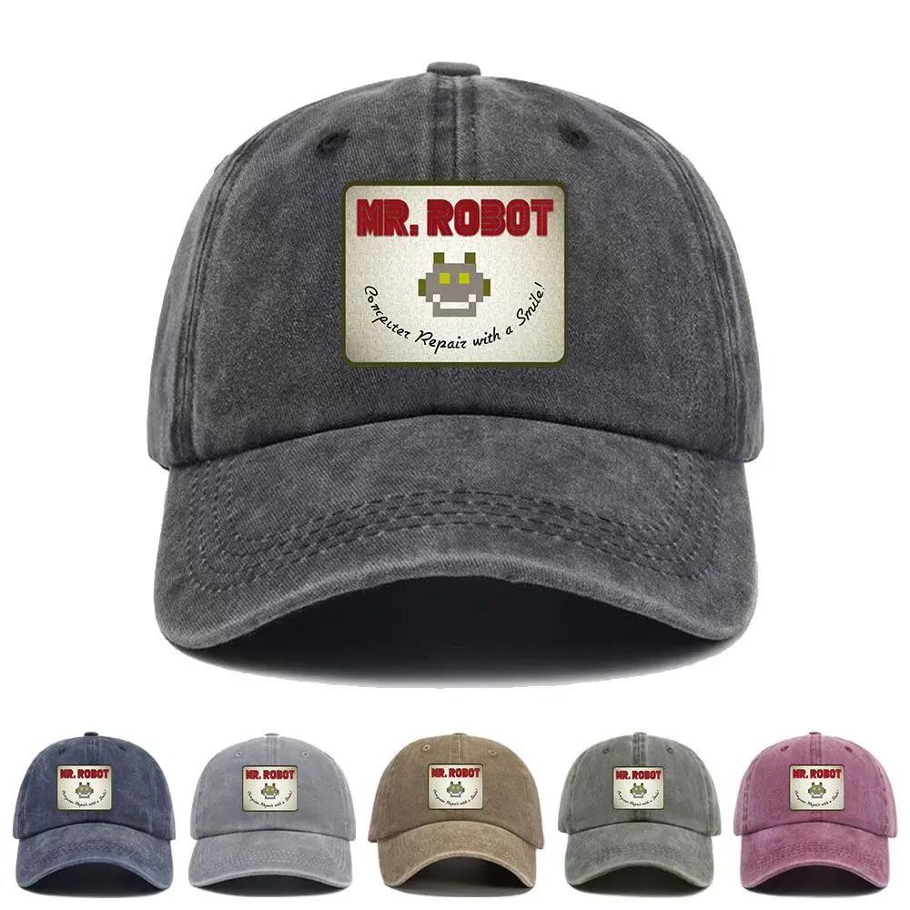 Vintage Washed Baseball Cap Funny Mr Robot Pixel Art Patch Computer with Sourires Anime Print Graphic Unisex Casual Cotton Hat