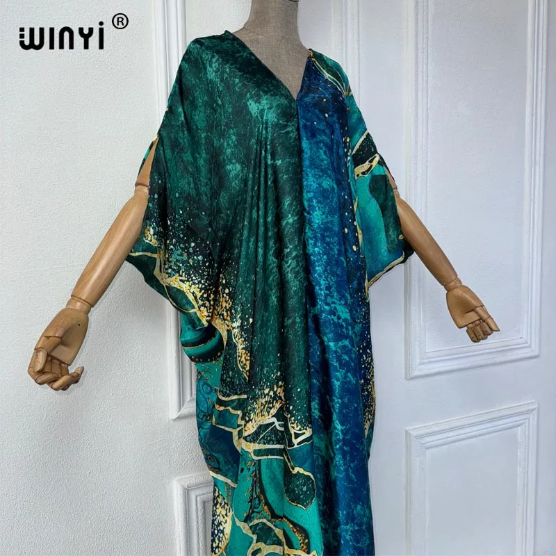 WINYI Summer african V-neck dress Printed beach wear women 2024 Loose Femme Robe Muslim beach cover ups silk feel evening dress