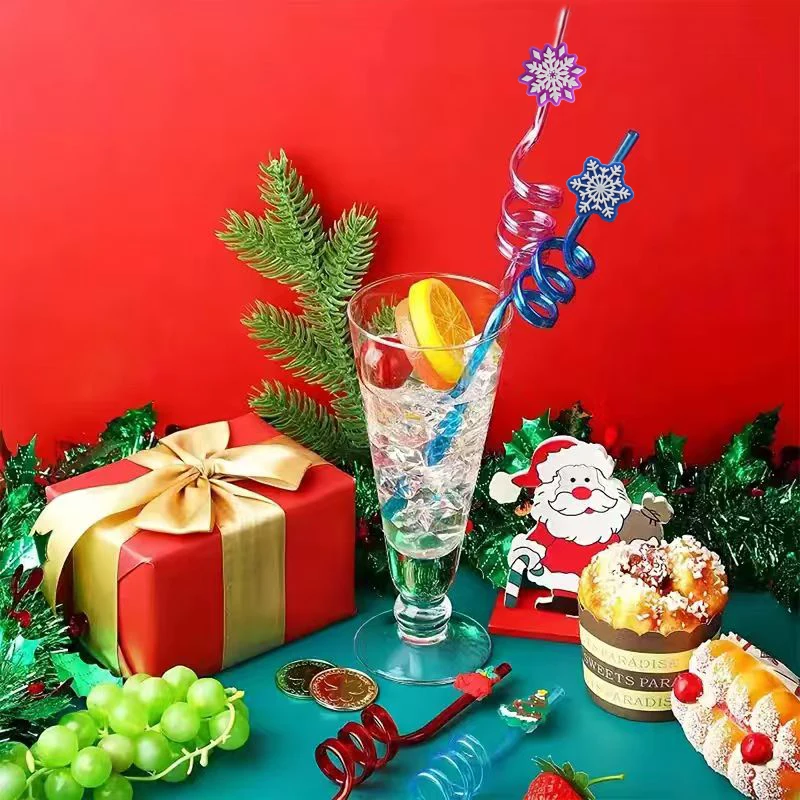 8pcs Reusable Spiral Straws: Colorful Snowflake-Patterned Drinking Set for Family Gatherings – Fun Beverage Set