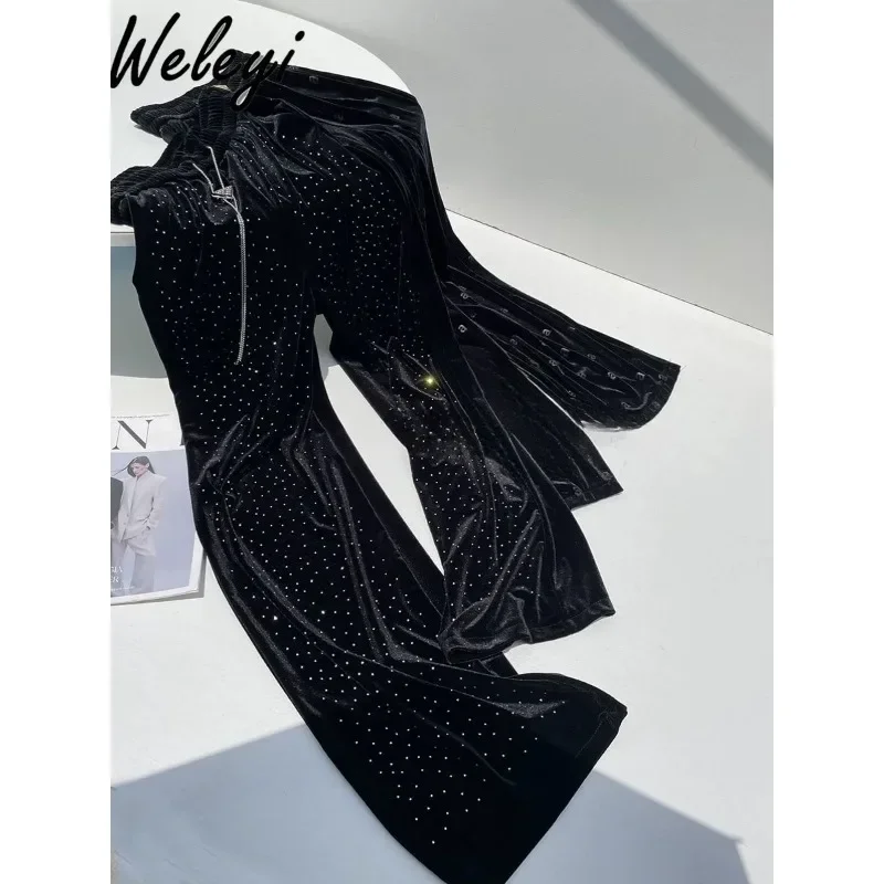 

Autumn and Winter Women's Hot Drilling Velvet Pants 2024 New Temperament High Waist Rhinestones Velvet Straight Trousers Female