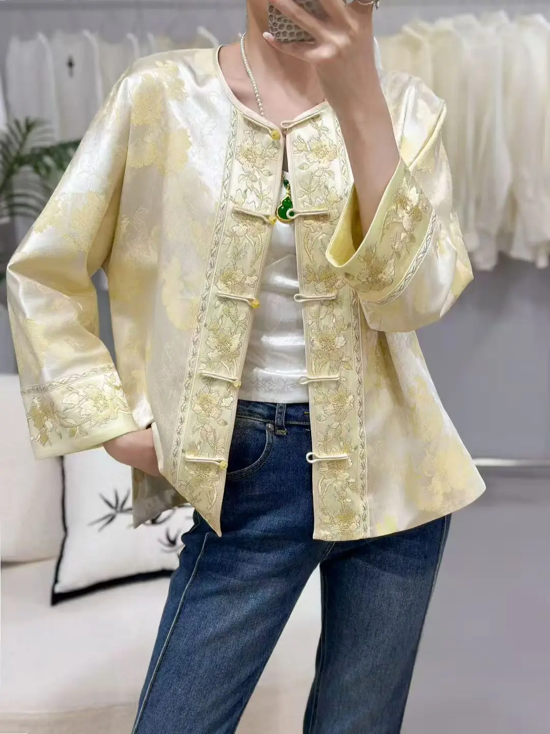 Spring and Autumn New Round Neck Rayon Fabric Jacquard+Embroidery Handmade Button Fashion Women's Jacket S-XXL