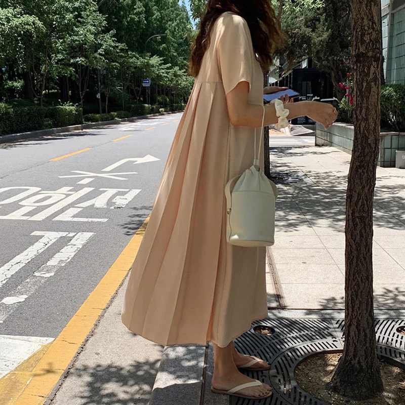 Johnature New Korean Pleated Dresses 2024 Summer Solid Color Loose Hollow Out Short Sleeve Women Dress