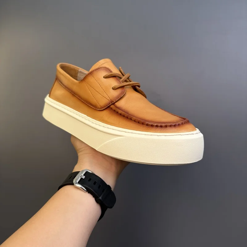 Spring and Autumn New Retro Men's Casual Shoes Handmade Color Rubbing Soft Face Genuine Leather Board Shoes for Men