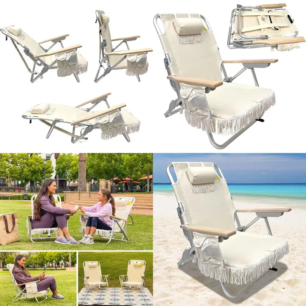 

Adjustable Tassel Beach Chair with Cup Holder, Padded Pillow, and Storage Bag - Light Rustproof Aluminum, Black Frame, Tan