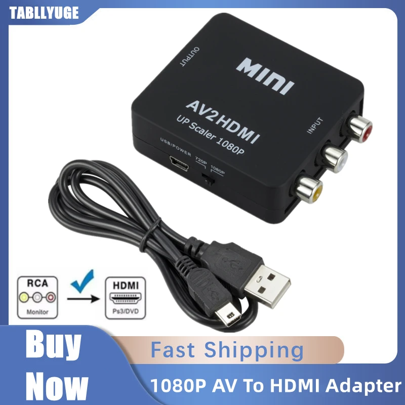 TABLLYUGE HD 1080p RCA AV TO HDMI Male To Female Converter Adapter Mini Composite CVBS To HDMI AV2HDMI Audio Converter Latest