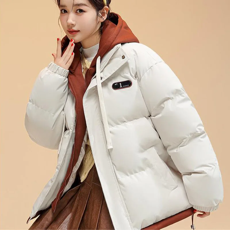 Winter New Parkas Women Korean Fashion Casual All Match Loose Fake Two Pieces Hooded Down Coats Female Thick Warm Outerwear