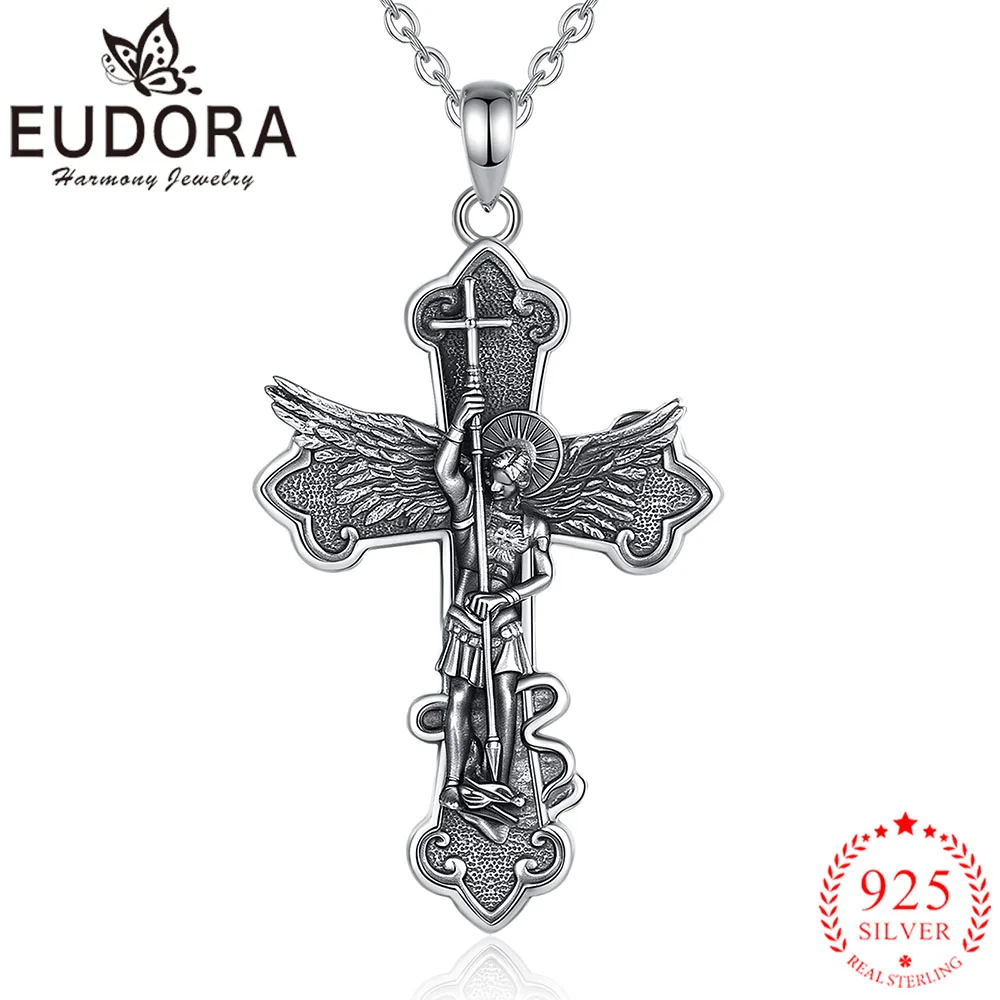 Eudora Saint Michael Necklace 925 Sterling Silver Archangel Cross Pendant Religious Protection Jewelry Fine Gift for Men Women