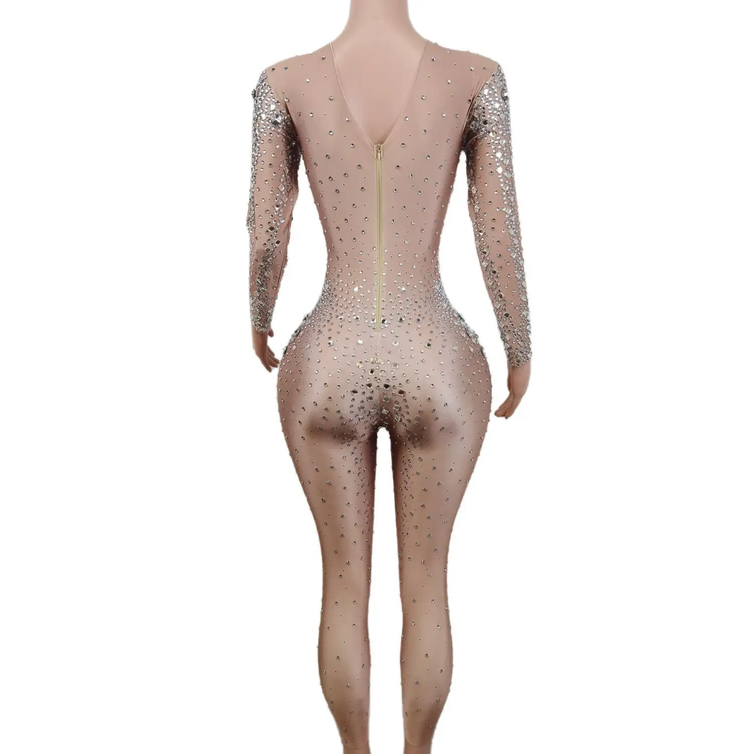 Crystals Pole Dancing Nude Spandex Unitard Women Jumpsuits Lead Dance Women Costumes Fashion Tight Birthday Party Rompers