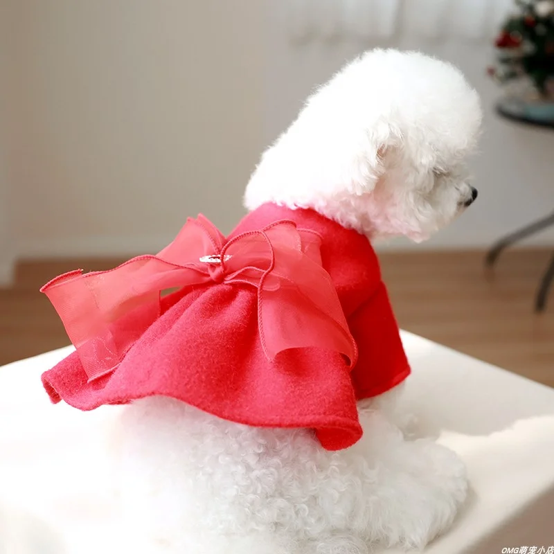 1PC pet clothing autumn and winter thickened new year red diamond bow princess skirt suitable for small and medium-sized dogs