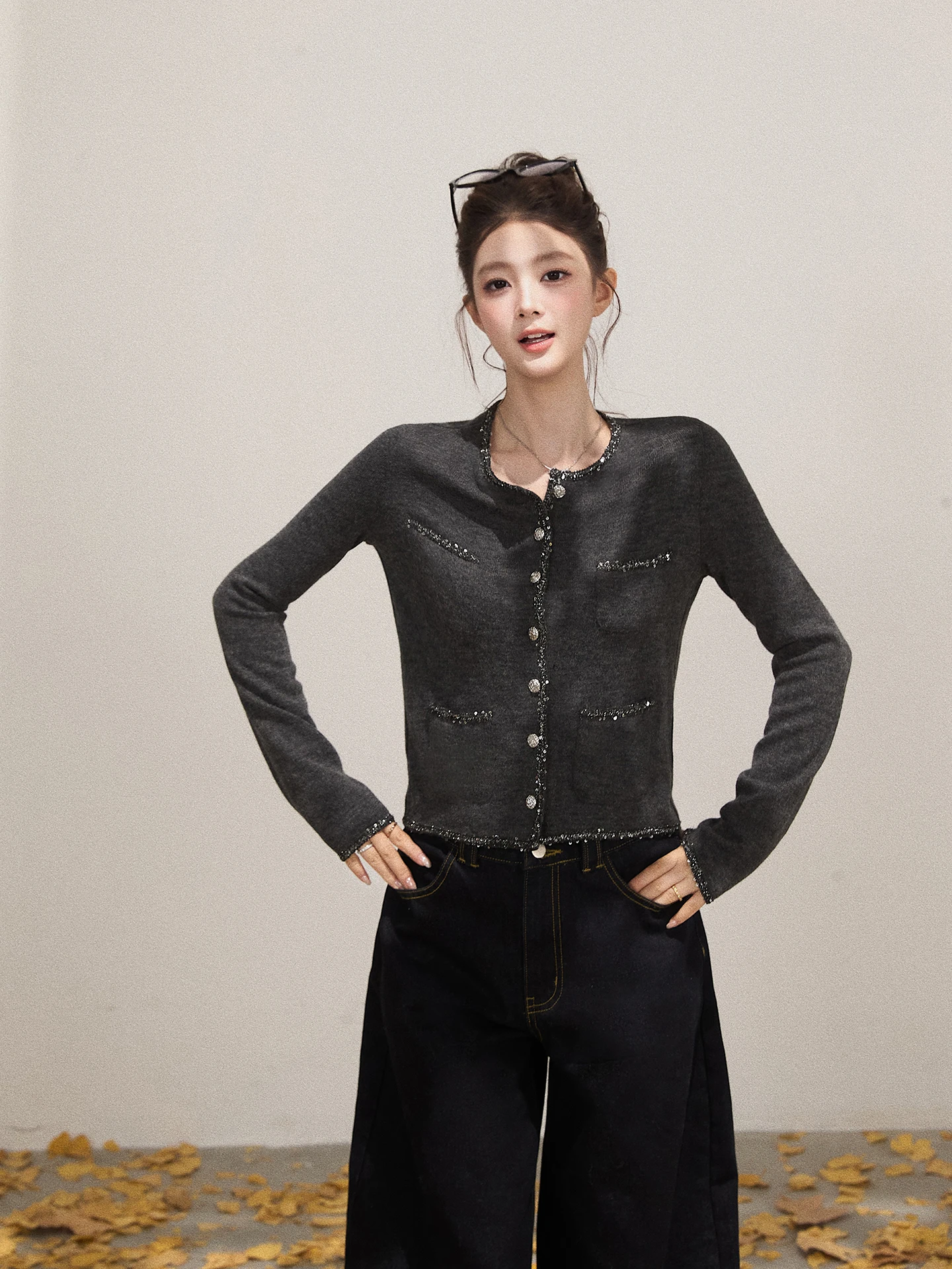 

Exquisite Sequin Splicing Knitted Sweater Women's Faion Slimming Versatile Open Cardigan Top Light Luxury Sle Medium Soft...