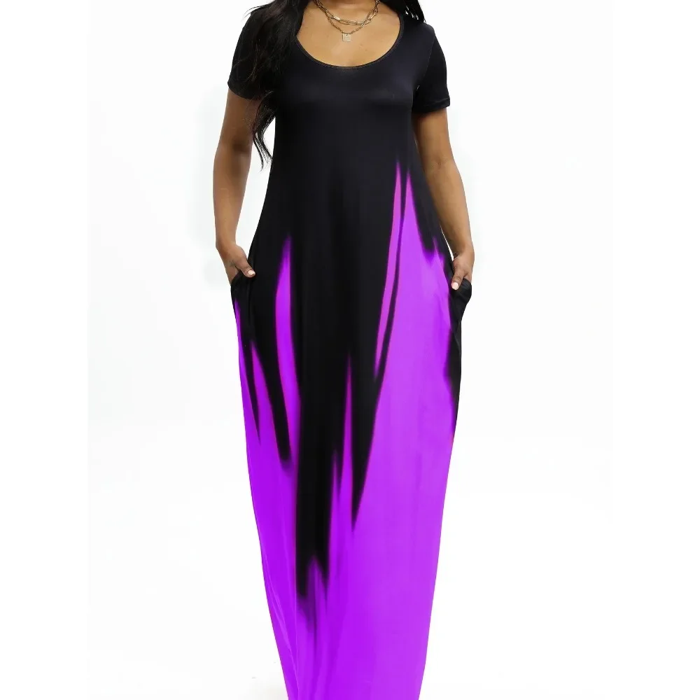 แม็กซี่เดรสแขนกุดยาวผู้หญิงขนาดบวกสีดําถึงสีม่วง Ombre พิมพ์หลวมพอดีคอกลมพร้อมกระโปรงกระเป๋า