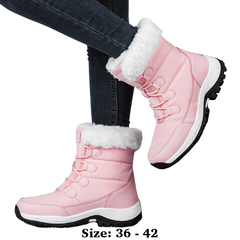 

High quality ankle length cotton snow boots for women waterproof new 2024 winter outdoor fur plush warm walking shoe white pink