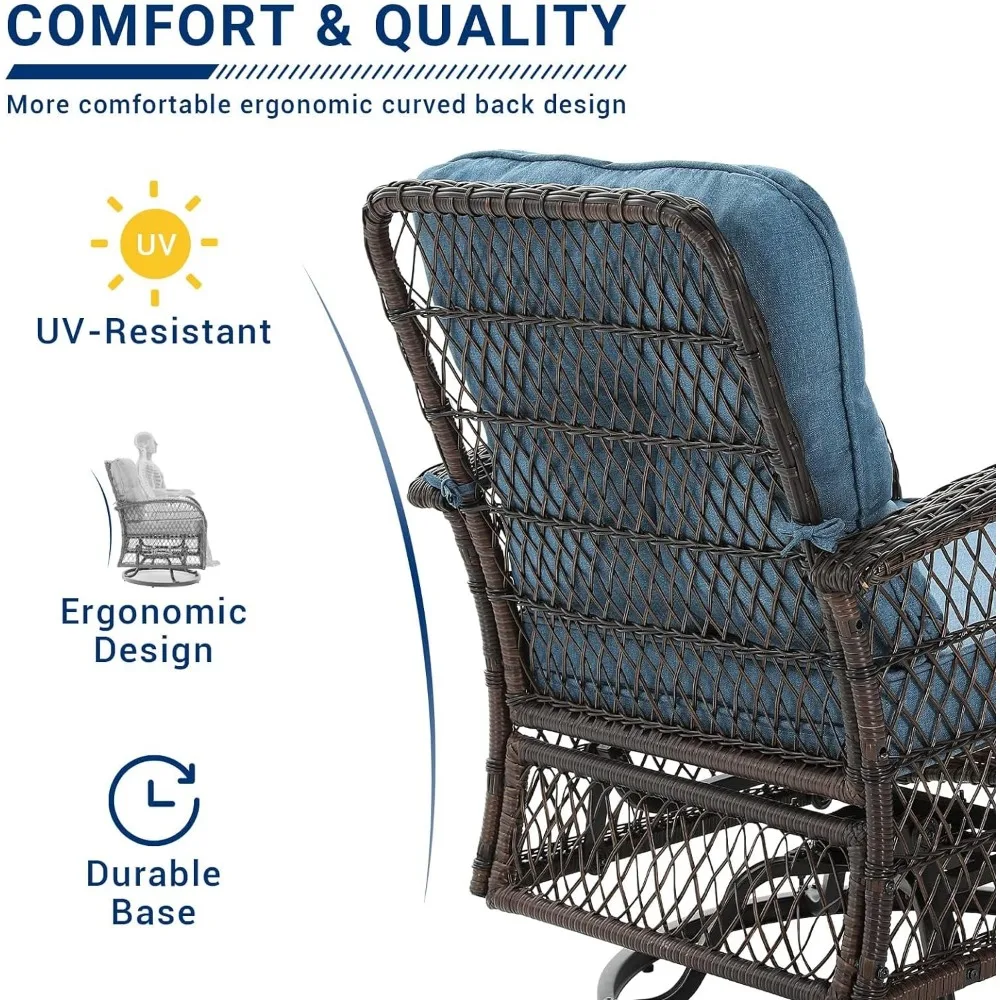 Pátio de vime Bistro Set com cadeira de balanço Rattan, Outdoor Swivel Glliders, Rocker Furniture Set, 3 pcs