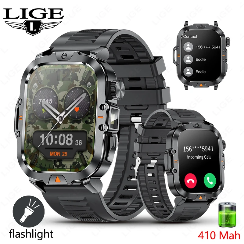 2.01-inch HD Screen Men Smart Watch with Flashlight Outdoor Sports Men's Watch IP68 Waterproof Health Monitoring Call Smartwatch