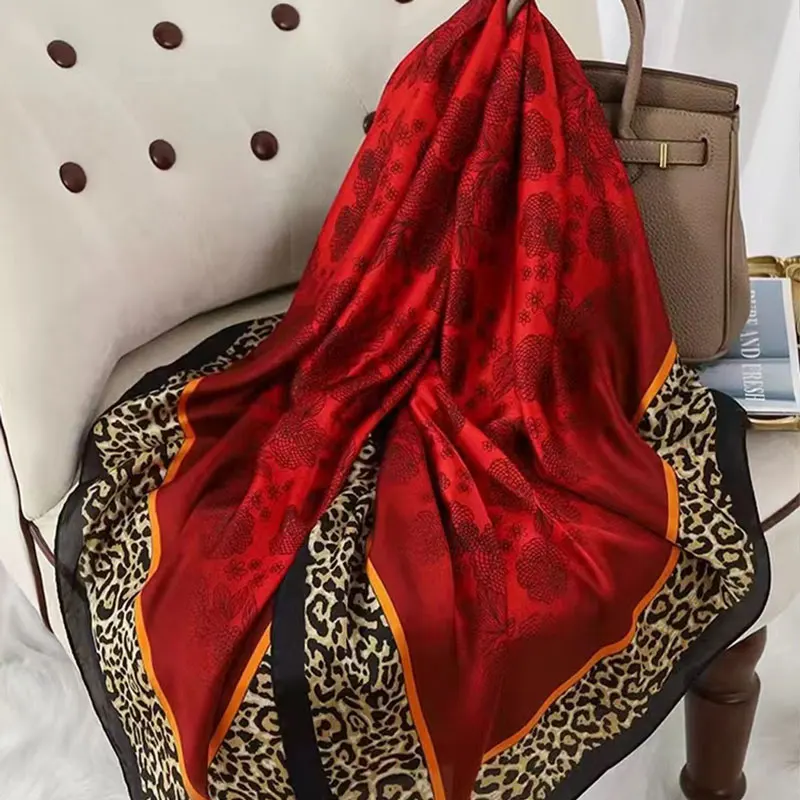 Bohemian-Style Leopard Print Silk Scarf Shawl for Women Thin Satin High-End Versatile Printed Fashion Accessory