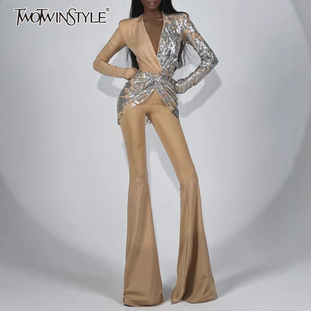 

TWOTWINSTYLE однотонные утягивающие комбинезоны с блестками для женщин, комбинезон с v-образным вырезом и длинными рукавами, лоскутный комбинезон на молнии, женская одежда