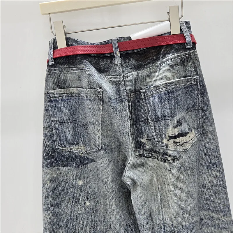 WTHT 트렌디 여성용 올드 타이다이 디자인 스트레이트 진 2025 가을 패션 하이웨이스트 벨트 데님 팬츠 여성 1LS2316