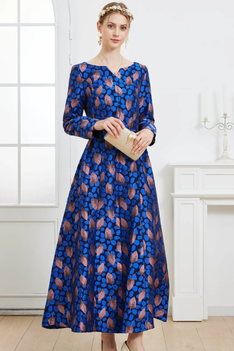 Blue-gray long-sleeved heavy jacquard fashion elegant and exquisite dress