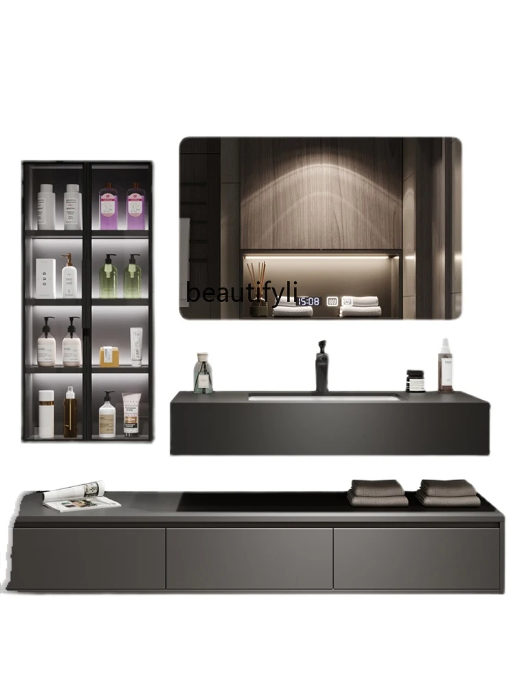 

Light Luxury Stone Plate Seamless Ceramic Integrated Bathroom Cabinet Combination Modern Simple Solid Wood