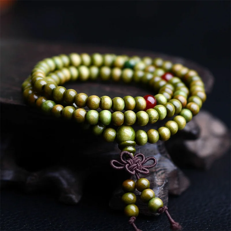 108 Beads Natural Green Sandalwood Prayer Malas Bracelets Fragrant Wooden Beads Necklace Buddhist Meditation Decoration Gifts