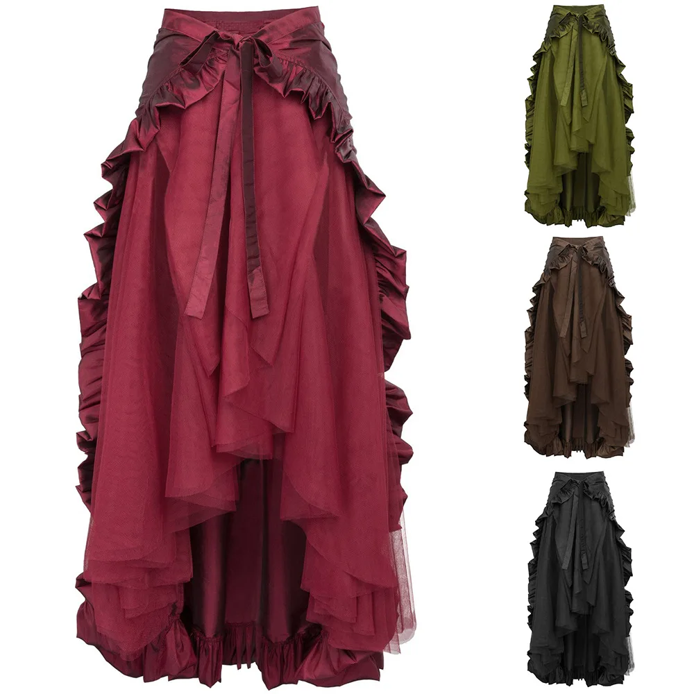 Steampunk Women Skirts Gothic Irregular Shirring Pleated Party Maxi Long Skirt High Low Costumes Punk Sexy Corset Plus Size Red