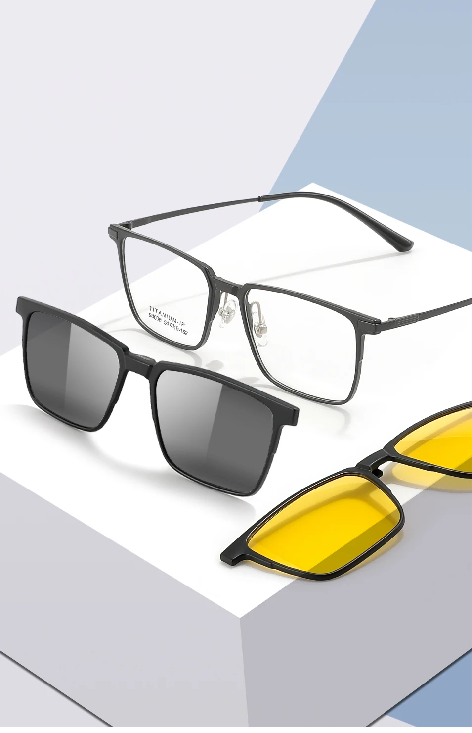 3-in-1-Brillengestell aus reinem Titan mit vollem Rand, quadratisch, für Herren, mit polarisierten Clip-On-Sonnenbrillen und Nachtsicht, Damenbrillen 93006 – Detail 1