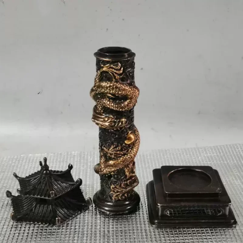 Antique Copper Panlong dragon Relief Incense Burner Ornament Pagoda Tower Furnace Home Tea Ceremony Chinese style Decoration