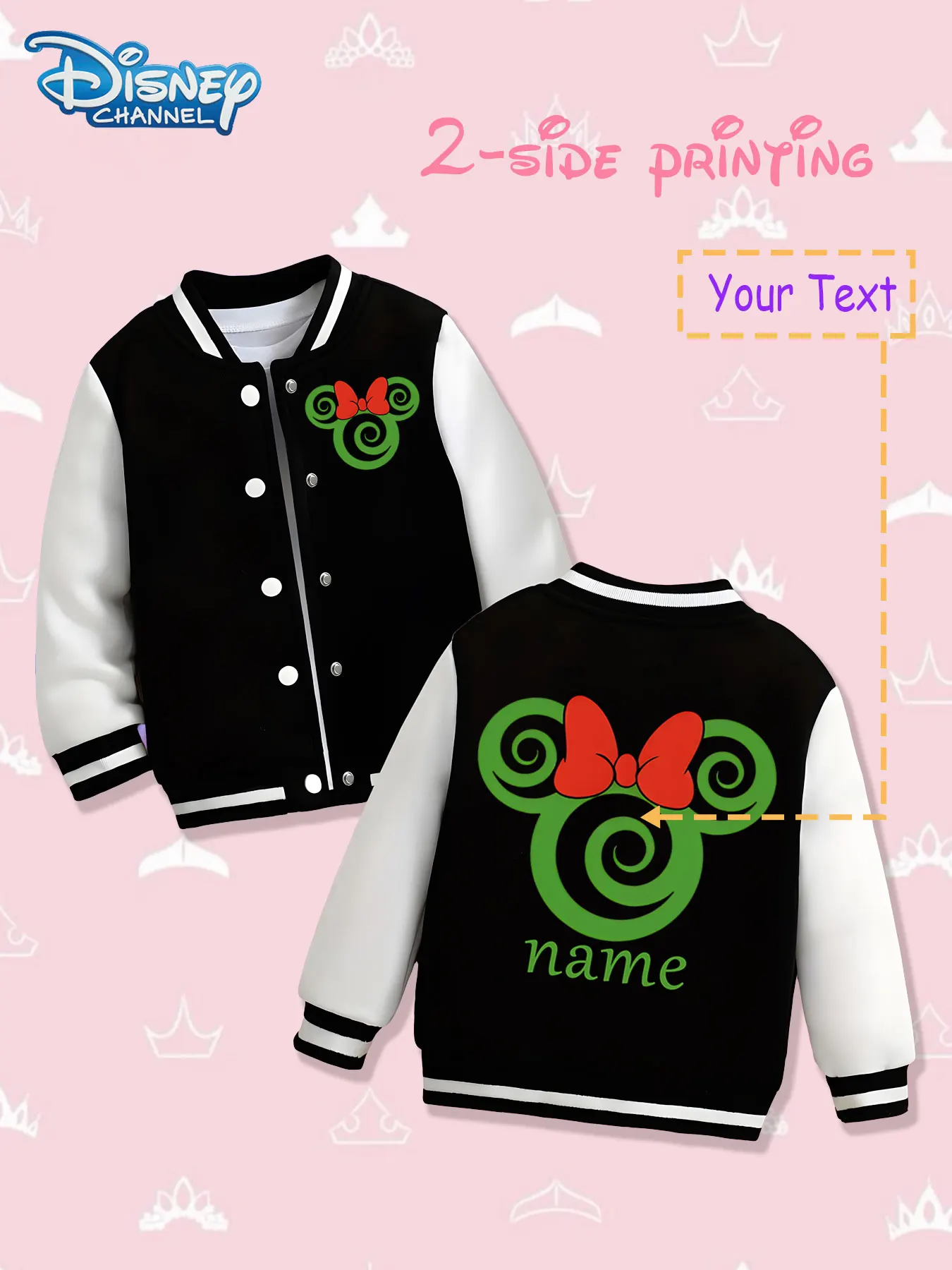 

MINISO Disney Spiral Minnie Girls Baseball Jacket - Double-sided unique print, warm and personalized in autumn and winter, suita