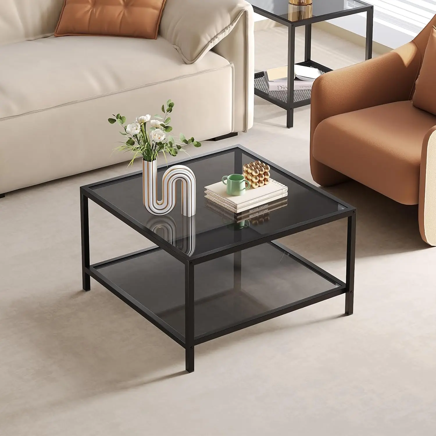 Saygoer Modern Coffee Table 2-Tier Glass Coffee Tables With Storage Simple Square Center Table For Living Room Home Office,