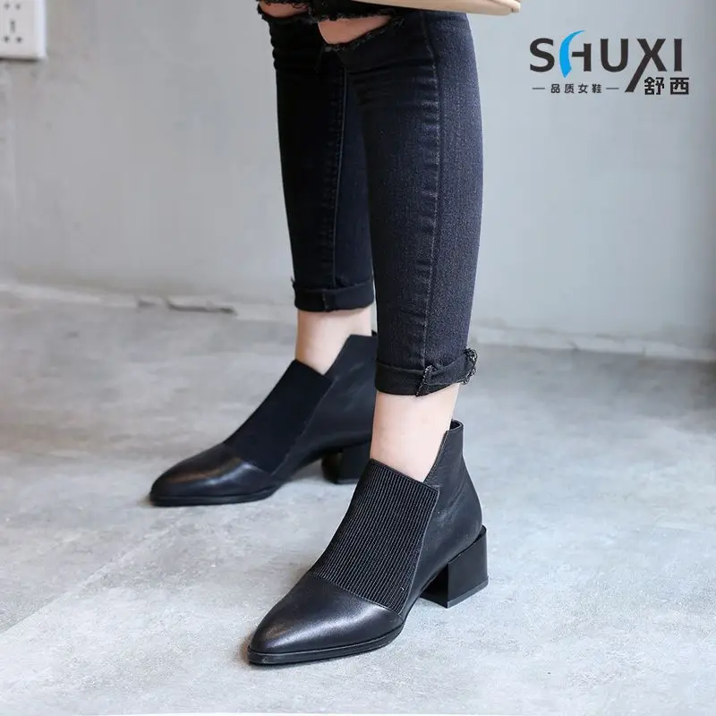 FHC New Women Naked Boots,Autumn/Winter Shoes,Mid Heels Ankle Botas,Stretch Fabric,Pointed Toe,Black,Dropship