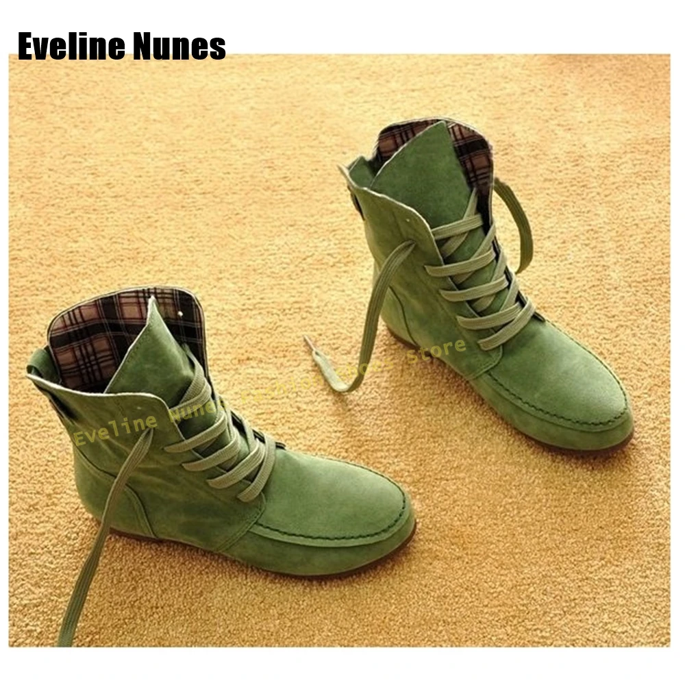 Green Lace Up Flat Boots Round Toe Patchwork Casual Couple Mid-Calf Boots Faux Suede Plus Size 35-50 2026 New Arrivals Shoes