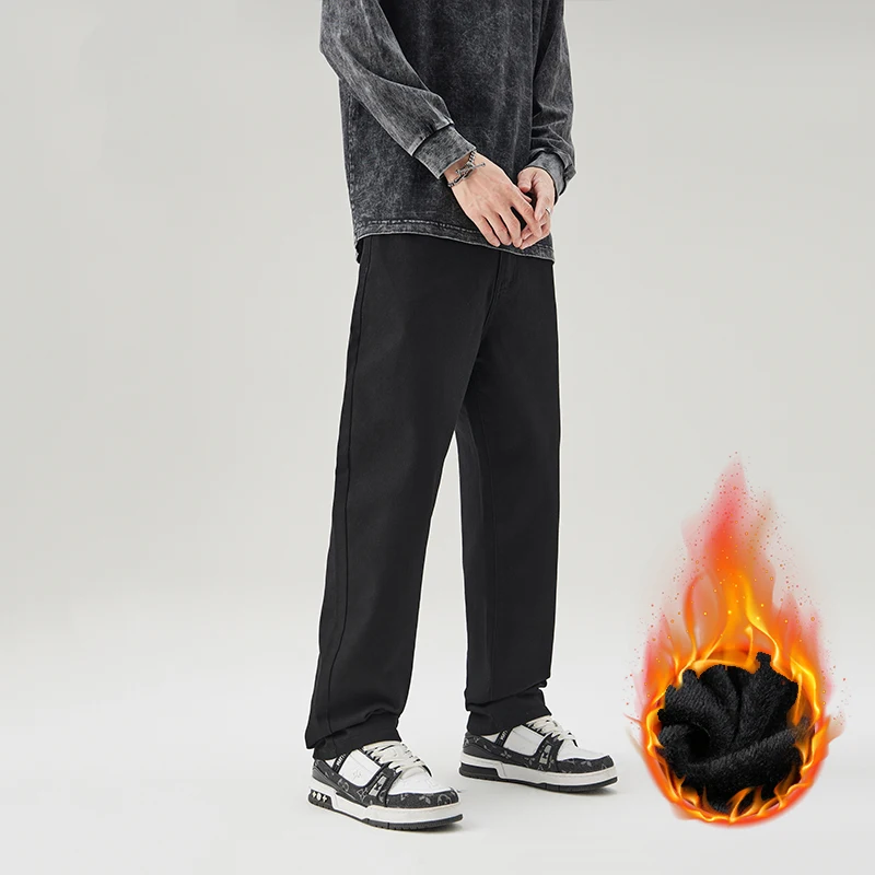 Trendy High Street Warm And Versatile Simple Casual Pants With Winter Plush Thick Black Elastic Jeans For Men