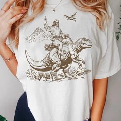 Vintage Jesus Riding Dinosaur Tshirt Cotton Short Sleeve Retro Jesus T-Shirts He Is Rizzen Funny Graphic Tees Christian T Shirt