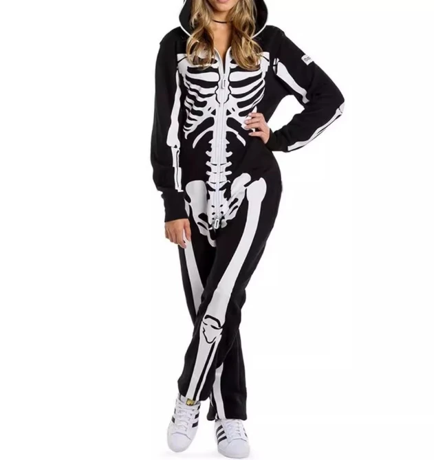 Tuta da donna con cappuccio e cerniera a maniche lunghe Costume Holloween Tuta con pantaloni Harem larghi stampati in 3D con stampa scheletro nero