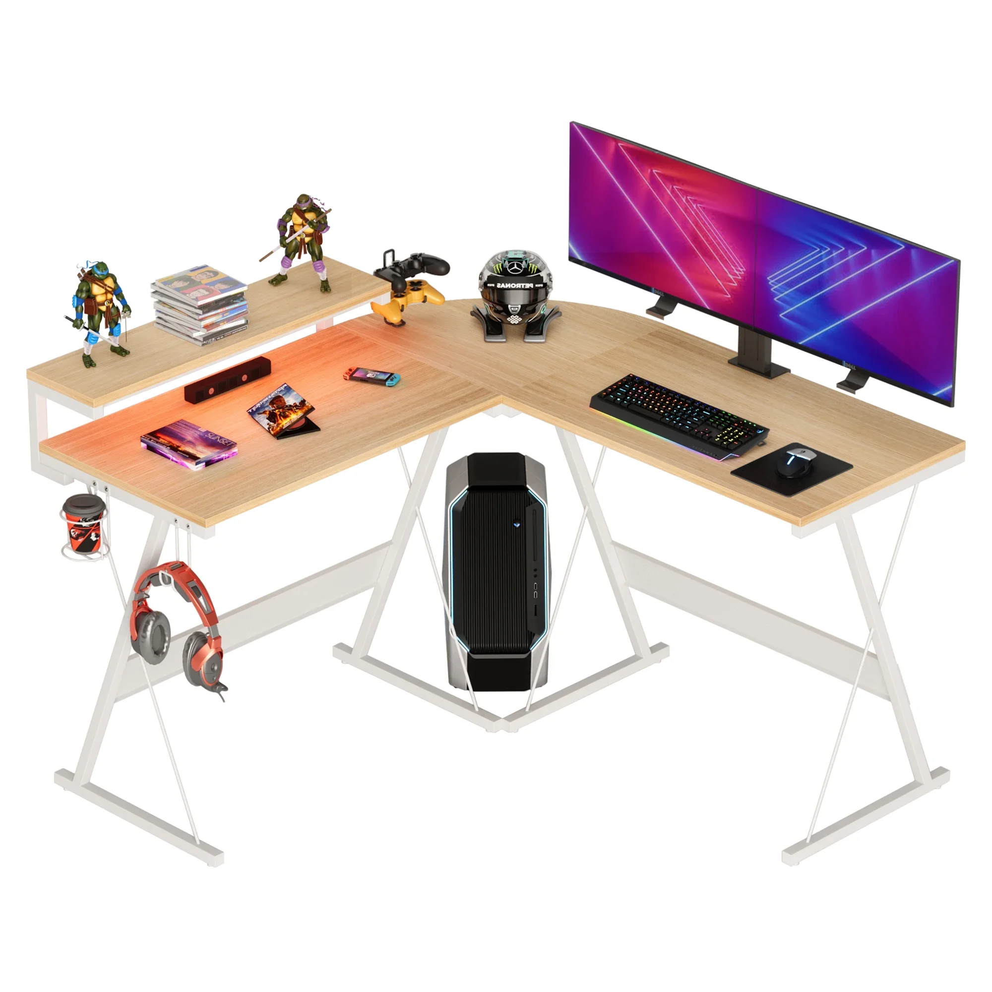 BESTIER L-Shape White Oak Corner Case Computer Table Walmart Console Decorations Custom Gaming Desk For Gamer