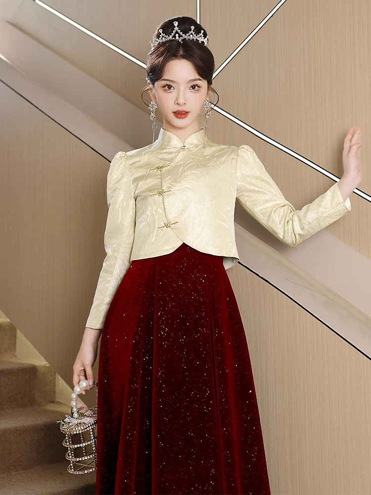 

Новое китайское винтажное свадебное платье для торжественного ужина, модель Dr Red Ele, с длинными рукавами и акцентом на талии