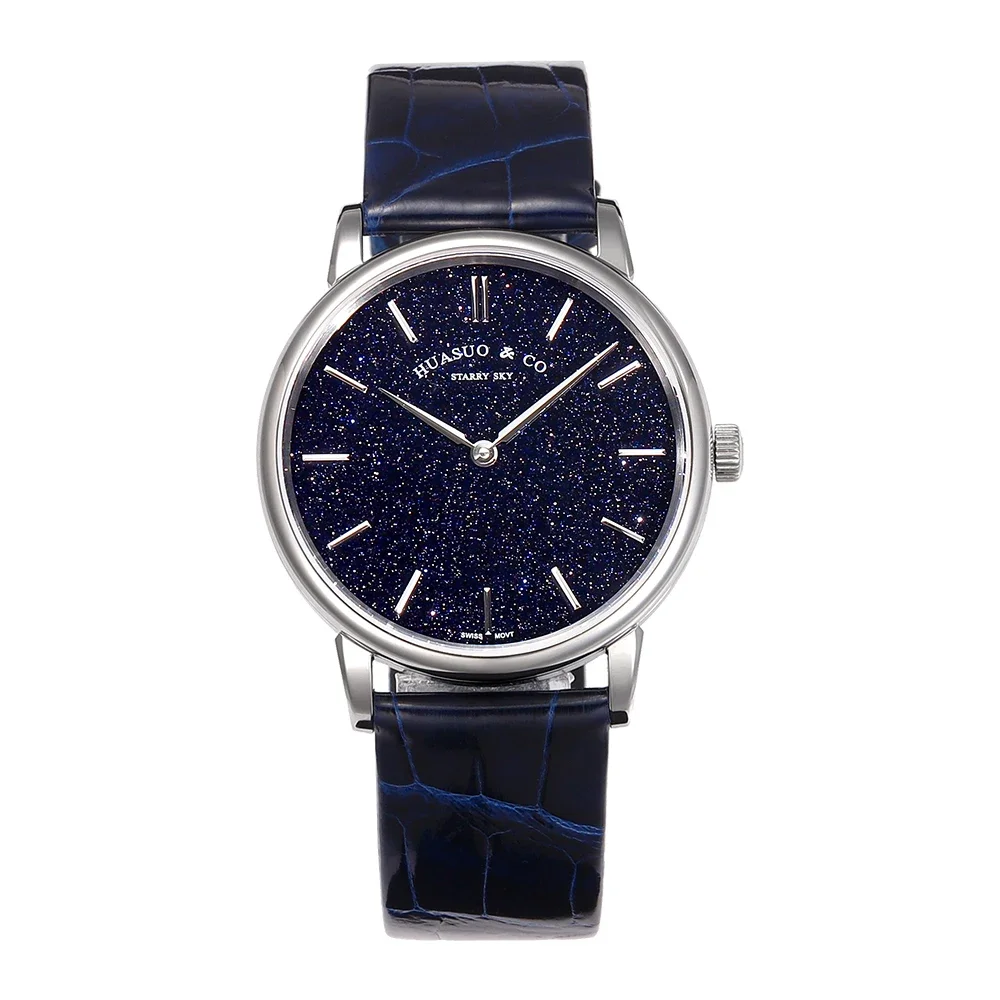 

HUASUO Роскошные ультратонкие часы 39 мм для мужчин, синий авантюрин, звездное небо, автоматический механизм SW300, сапфировое стекло, 50 м, водонепроницаемые