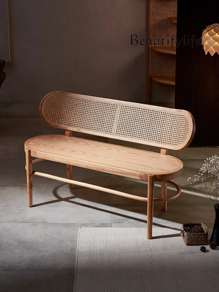 

Nordic Style Solid Wood Sofa Rattan Vintage Bench