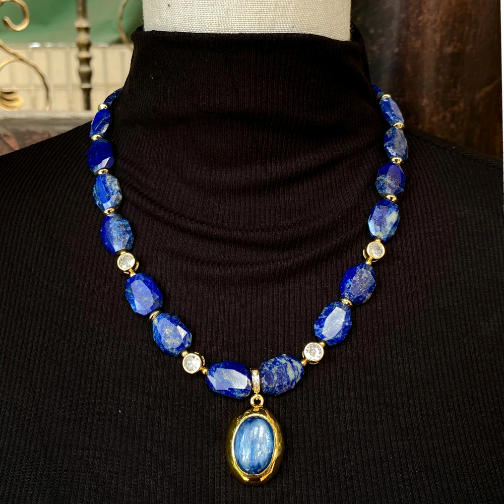 Natural Faceted Lapis Lazuli Bead Necklace Oval Kyanite Pendant Gold Plated Choker Vintage Royal Blue Gemstone Statement Jewelry