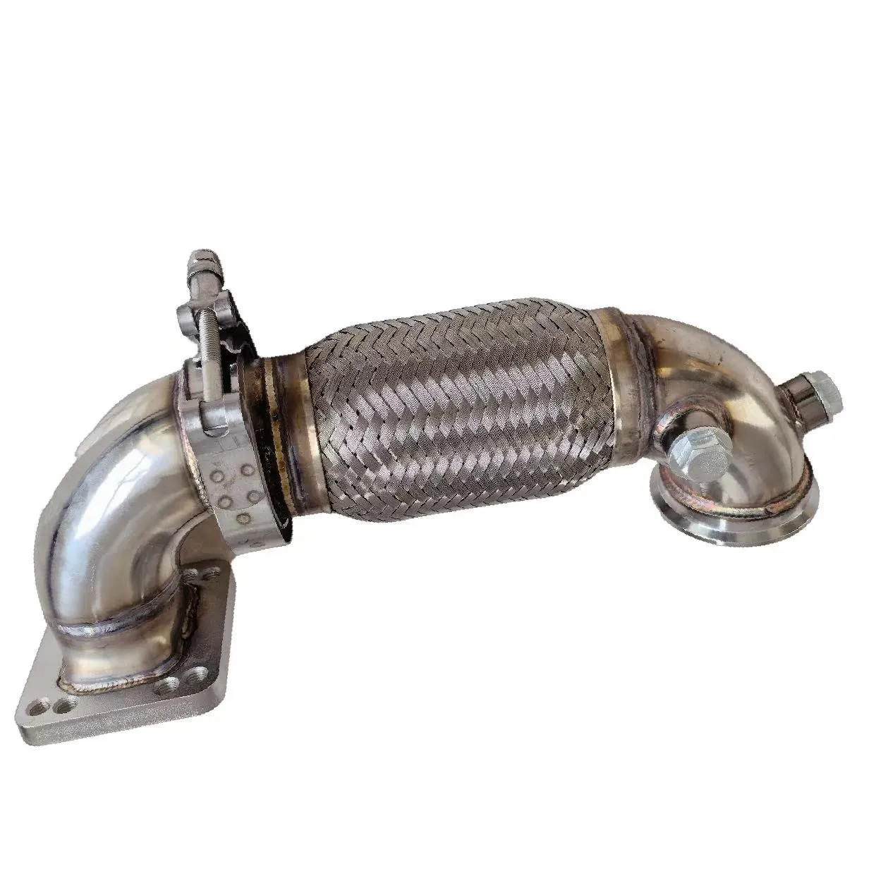 

90 Degree 2.5" ID V-band with Flex Pipe and VERTICAL T3 T4 Flange SS Elbow Adapter