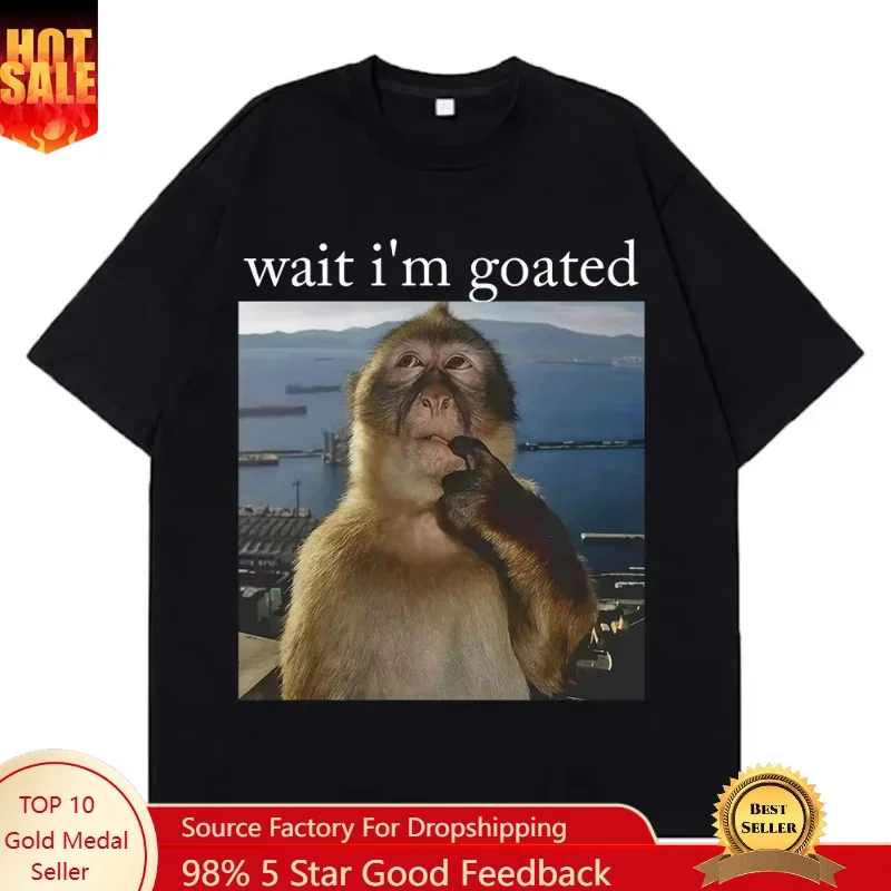 T-shirt humoristique « Wait I'm Goated » avec motif singe, en coton, pour homme et femme, style Harajuku, à manches courtes, coupe oversize