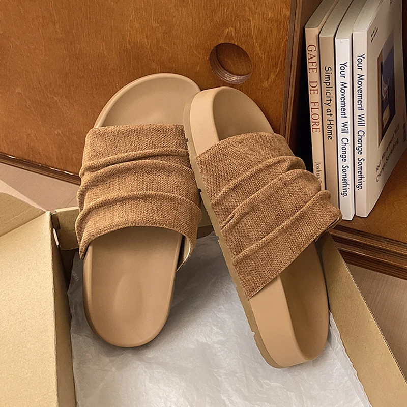 

New Summer Vintage Women Ruched Canvas Open Toe Platform Sandals Slide Non Slip Soft Soles Casual Home Slippers Shoes for Ladies