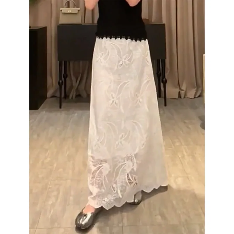 

Summer New Elegant French Style White Lace Skirt Women Korean Fashion High Waist Slimming A-line Long Skirt for Woman